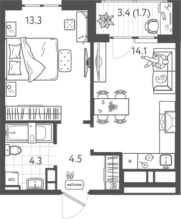Планировка 1-комн 37,9 м²