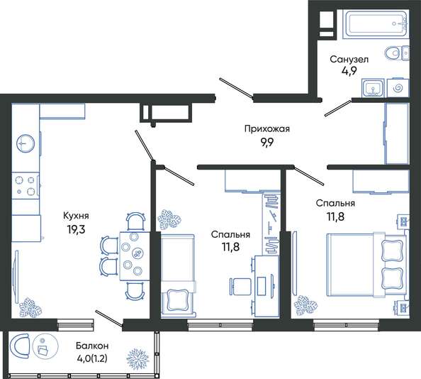 Планировка 2-комн 58,9 - 59,7 м²