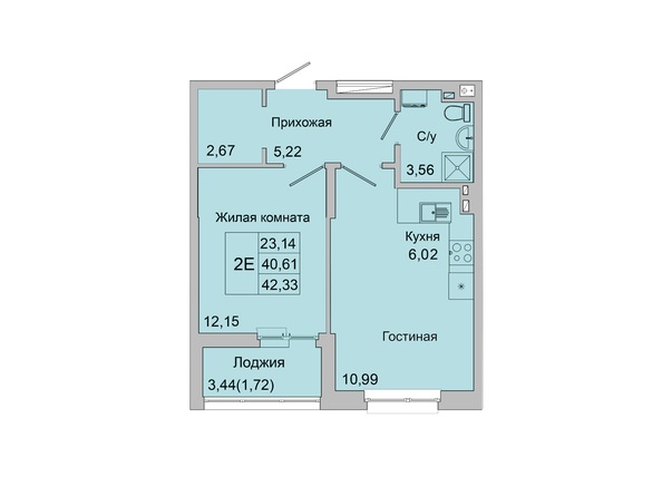 Планировка 2-комн 41,29 - 42,33 м²