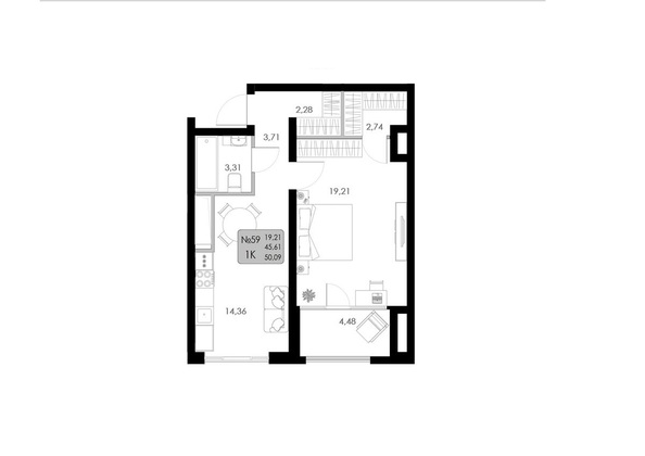 Планировка 1-комн 50,09 - 50,46 м²