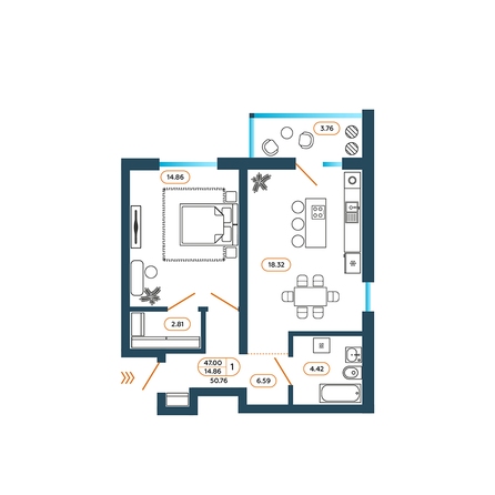Планировка 1-комн 50,76 м²