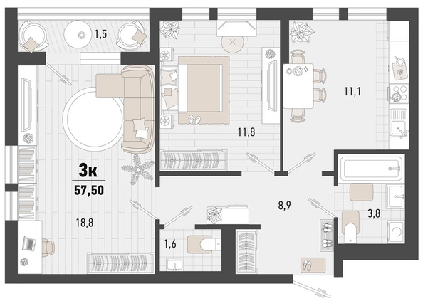Планировка 2-комн 57,5 м²