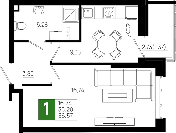 Планировка 1-комн 36,57 м²