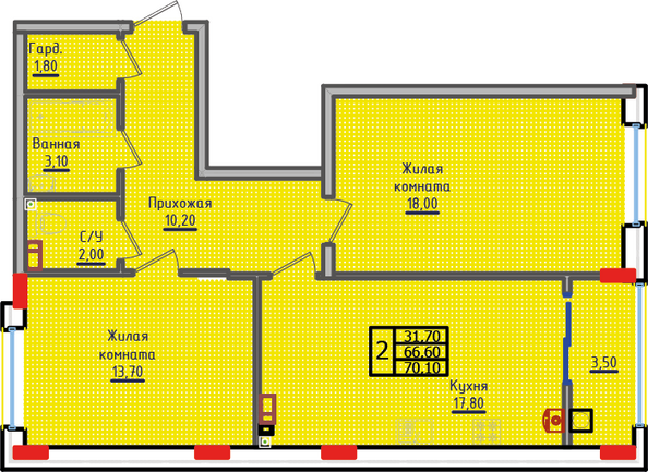 Планировка 2-комн 70,1 м²