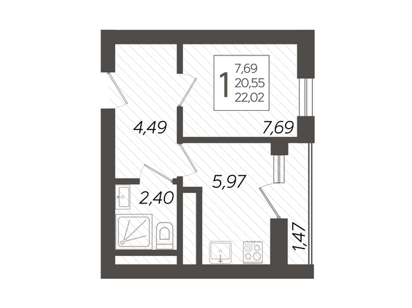 Планировка 1-комн 22,02 м²
