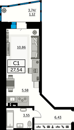 Планировка Студия 27,54, 27,94 м²