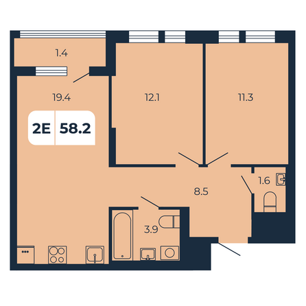 Планировка 2-комн 58,2 м²