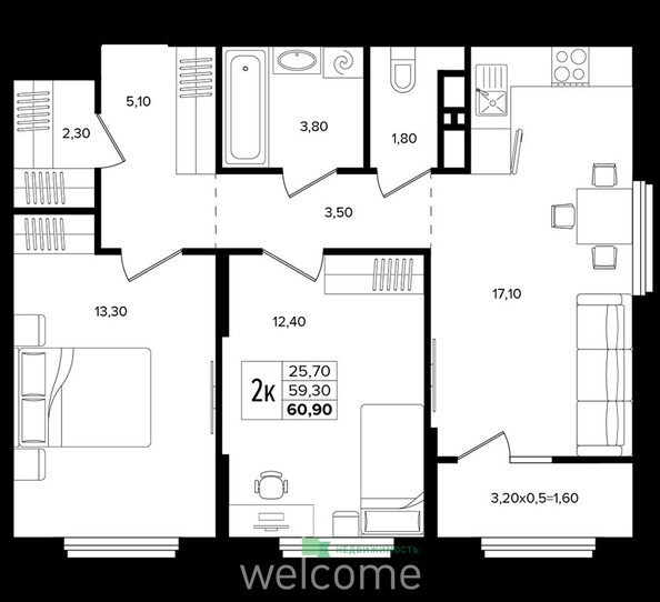 Планировка 2-комн 60,9 м²