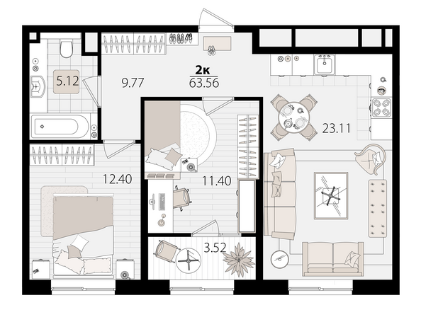 Планировка 2-комн 63,06 м²