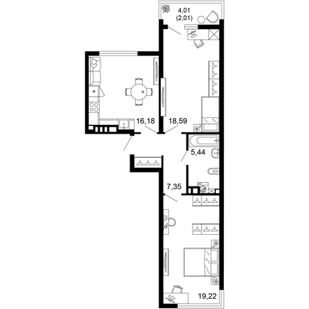 Планировка 2-комн 68,78 м²