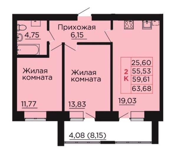 Планировка 2-комн 59,61 м²