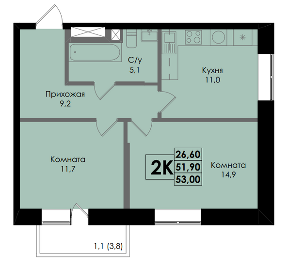 Планировка 2-комн 53 м²
