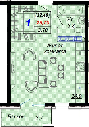 Планировка 1-комн 32,4 м²