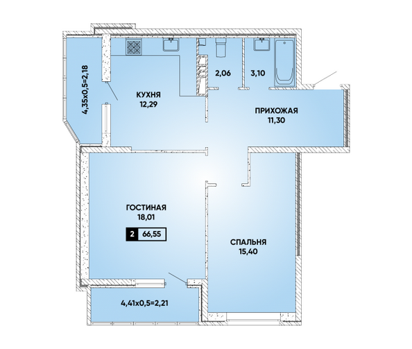 Планировка 2-комн 66,55 м²