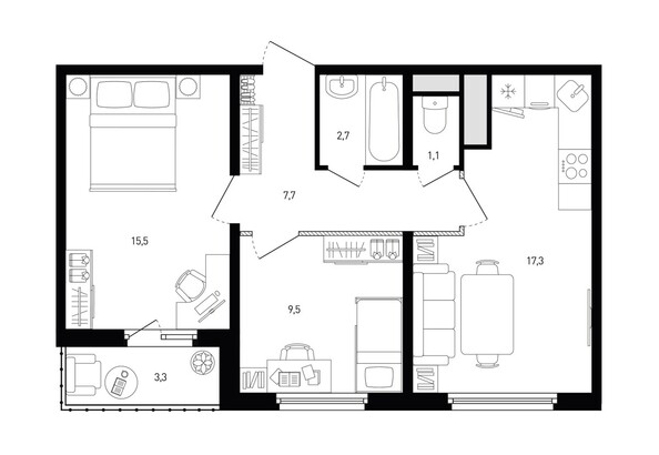 Планировка 2-комн 55,5, 56,3 м²