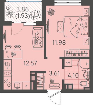 Планировка 1-комн 34,19 м²