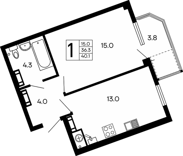 Планировка 1-комн 40,1 м²