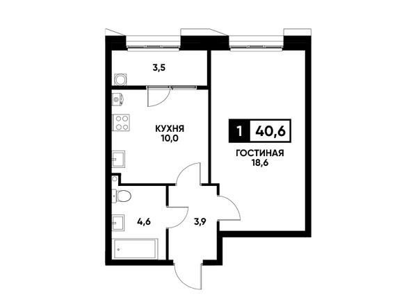 Планировка 1-комн 40,6 м²