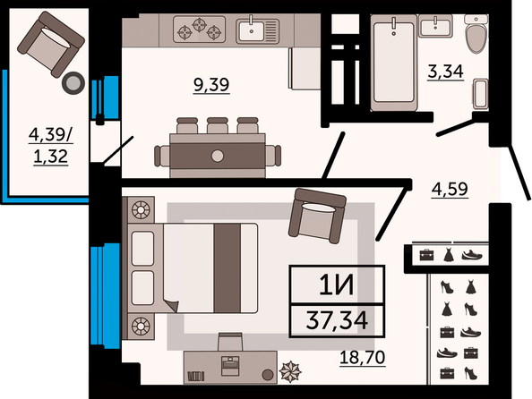 Планировка 1-комн 37,34 м²
