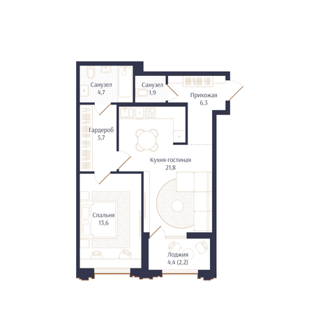 Планировка 1-комн 56,2 м²