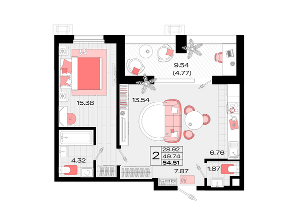 Планировка 2-комн 54,51 м²