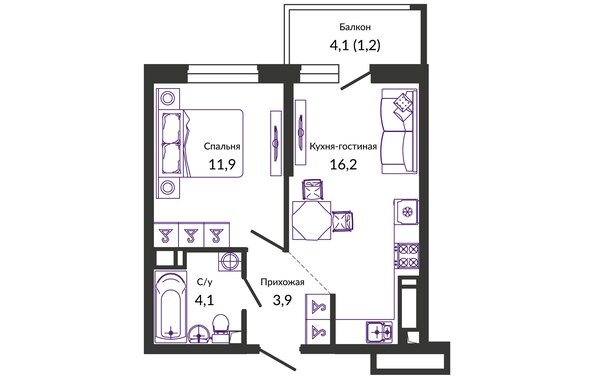 Планировка 1-комн 37,3 м²