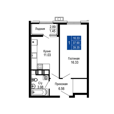 Планировка 1-комн 39,35 м²