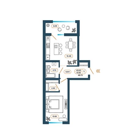 Планировка 1-комн 48,72 м²