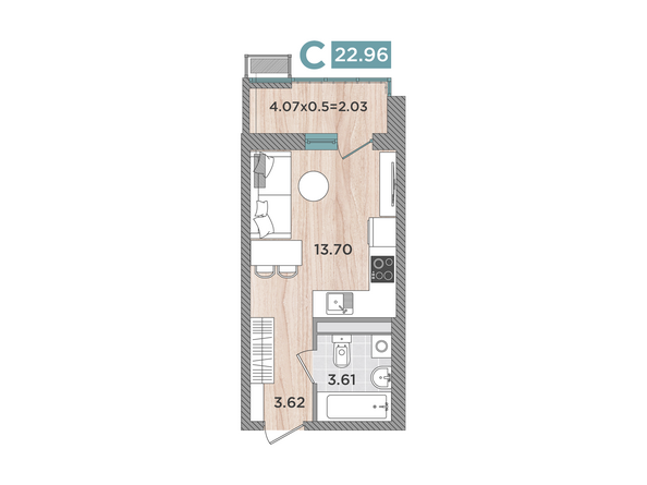 Планировка Студия 22,96 м²