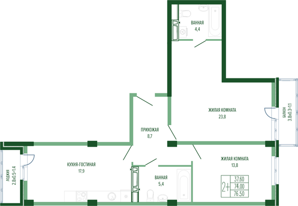 Планировка 2-комн 76,5, 76,8 м²
