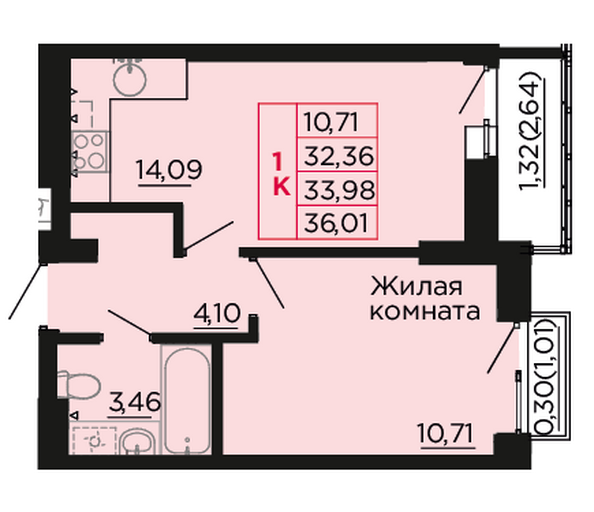 Планировка 1-комн 33,98 м²