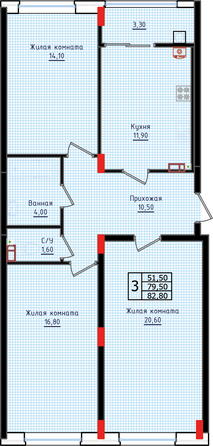Планировка 3-комн 82,8 м²