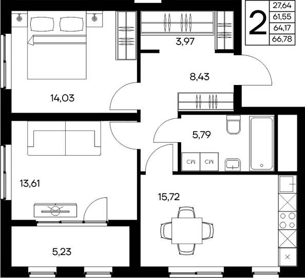 Планировка 2-комн 66,78 м²