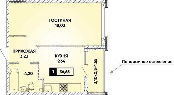 Планировка 1-комн 36,65 м²