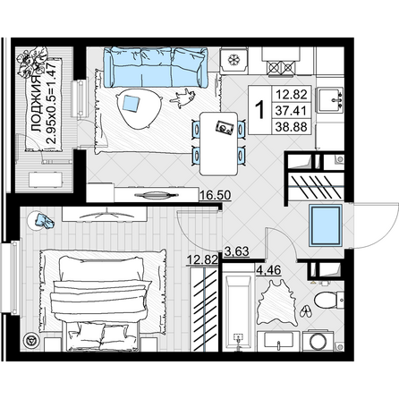 Планировка 1-комн 38,88 м²