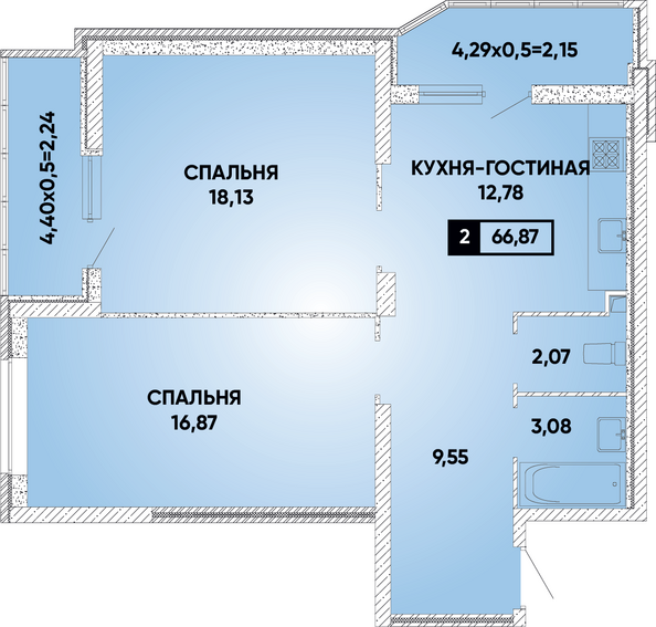 Планировка 2-комн 66,87 м²