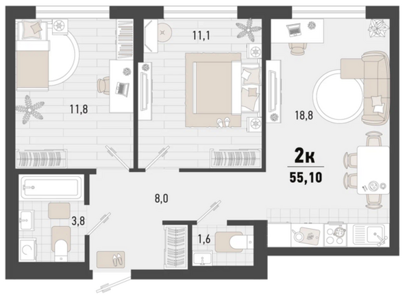 Планировка 2-комн 55,1 м²