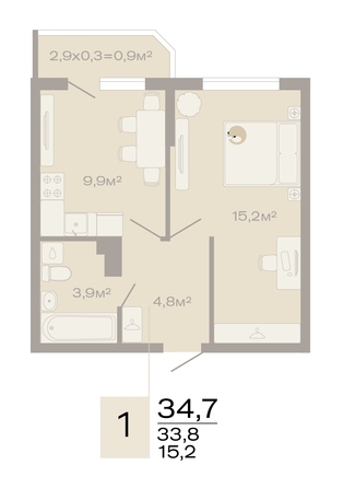 Планировка 1-комн 34,7 м²