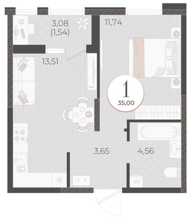 Планировка 1-комн 35 м²