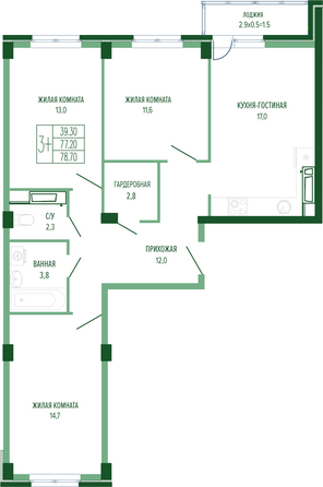 Планировка 3-комн 78,7 м²