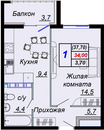Планировка 1-комн 37,7 м²