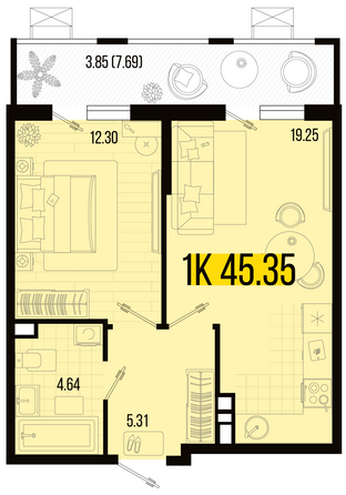 Планировка 1-комн 45,35 - 46,17 м²
