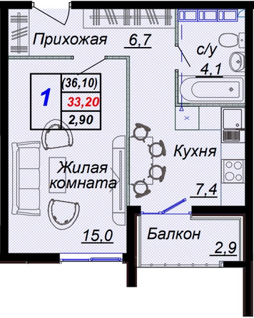 Планировка 1-комн 36,1 м²