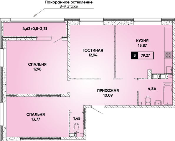 Планировка 3-комн 79,27 м²