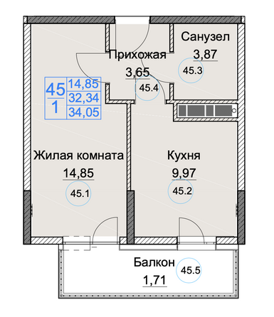 Планировка 1-комн 34,05 м²