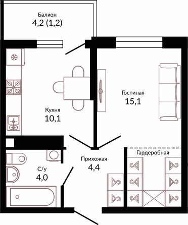 Планировка 1-комн 34,8 м²