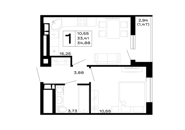 Планировка 1-комн 34,88 м²