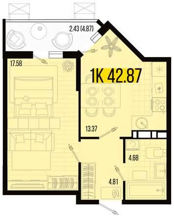 Планировка 1-комн 42,87, 43,15 м²