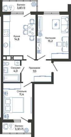 Планировка 2-комн 55,2 - 55,9 м²