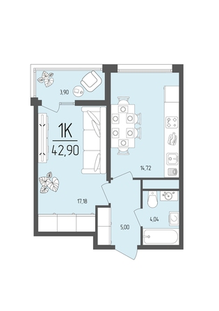 Планировка 1-комн 42,9 м²